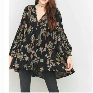 Free People Just The Two Of Us Tunic Top Black Floral Boho Mini Dress S Gypsy